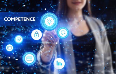 İş, Teknoloji, İnternet ve ağ konsepti. Genç işadamı geleceğin sanal ekranı üzerinde çalışıyor ve yazıyı görüyor.: 