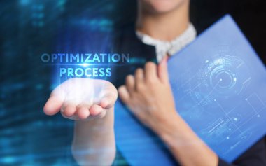 İş, Teknoloji, İnternet ve ağ konsepti. Genç işadamı geleceğin sanal ekranı üzerinde çalışıyor ve yazıyı görüyor.: 