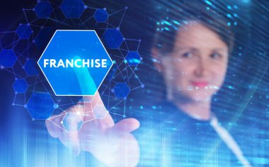 İş, Teknoloji, İnternet ve ağ konsepti. Genç işadamı geleceğin sanal ekranı üzerinde çalışıyor ve yazıyı görüyor.: 