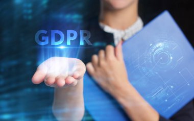 İş, Teknoloji, İnternet ve ağ konsepti. Genç işadamı geleceğin sanal ekranı üzerinde çalışıyor ve yazıyı görüyor.: 