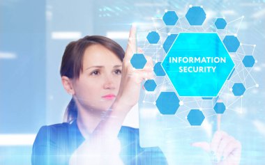 İş, Teknoloji, İnternet ve ağ konsepti. Genç işadamı geleceğin sanal ekranı üzerinde çalışıyor ve yazıyı görüyor.: 