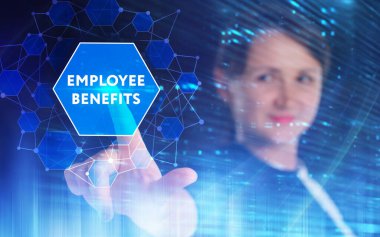 İş, Teknoloji, İnternet ve ağ konsepti. Genç işadamı geleceğin sanal ekranı üzerinde çalışıyor ve yazıyı görüyor.: 