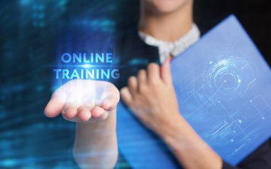 İş, Teknoloji, İnternet ve ağ konsepti. Genç işadamı geleceğin sanal ekranı üzerinde çalışıyor ve yazıyı görüyor.: 