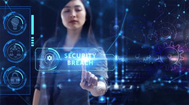 İş, Teknoloji, İnternet ve ağ konsepti. Genç işadamı geleceğin sanal ekranı üzerinde çalışıyor ve yazıyı görüyor.: 