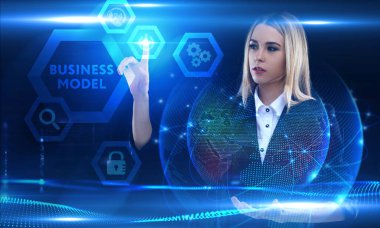 İş, Teknoloji, İnternet ve ağ konsepti. Genç işadamı geleceğin sanal ekranı üzerinde çalışıyor ve yazıyı görüyor: iş modeli