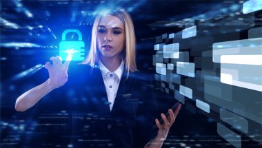 İş, Teknoloji, İnternet ve ağ konsepti. Genç işadamı geleceğin sanal ekranı üzerinde çalışıyor ve yazıyı görüyor.: 