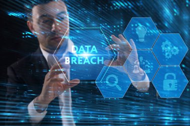 İş, Teknoloji, İnternet ve ağ konsepti. Genç işadamı geleceğin sanal ekranı üzerinde çalışıyor ve yazıyı görüyor: