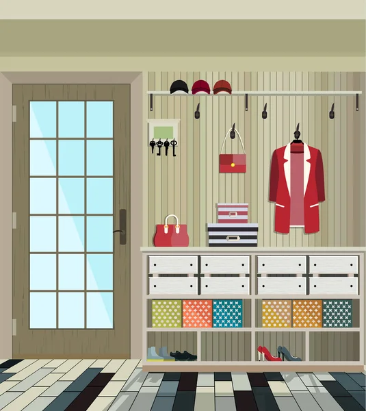 Ilustración de un interior de un vestidor con ropa y una puerta de entrada . — Vector de stock