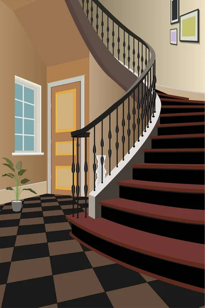 Intérieur vintage du couloir avec un escalier. Conception de la chambre moderne. Symbole mobilier, illustration couloir — Image vectorielle