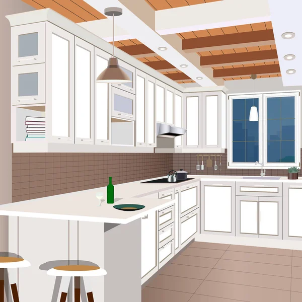 Fondo Interior Cocina Con Muebles Diseño Cocina Moderna Muebles Simbólicos — Vector de stock