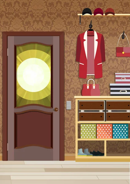 Illustration d'un intérieur d'un dressing avec des vêtements et une porte d'entrée . — Image vectorielle