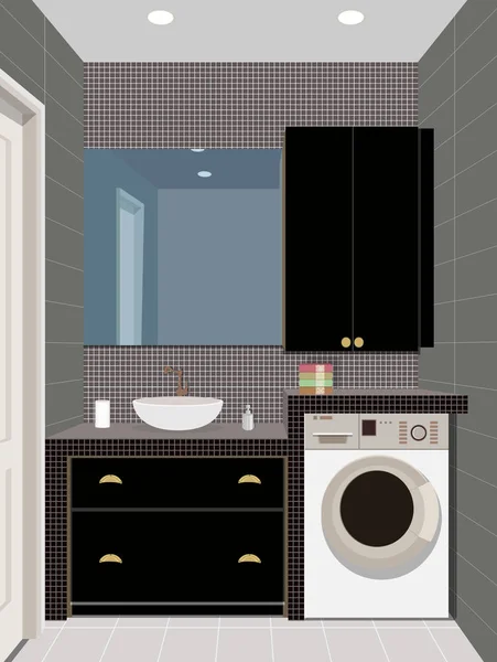 Schwarzes Badezimmer Innenhintergrund mit Möbel.Design des modernen Badezimmers. Badezimmerillustration. — Stockvektor