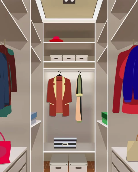 Vestidor interior.Ilustración armario. Cajas, ropa, bolsos y sombrero . Gráficos Vectoriales