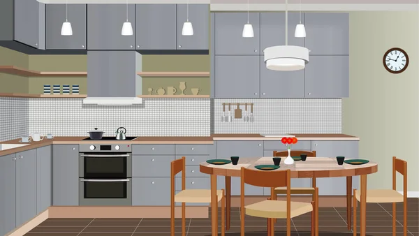 Kuchyňské vnitřní pozadí s nábytkem. Návrh moderní kuchyně. Kuchyňské ilustrace — Stockový vektor