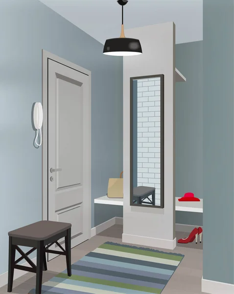 Ilustración de un interior de un vestidor con ropa y una puerta de entrada . — Vector de stock