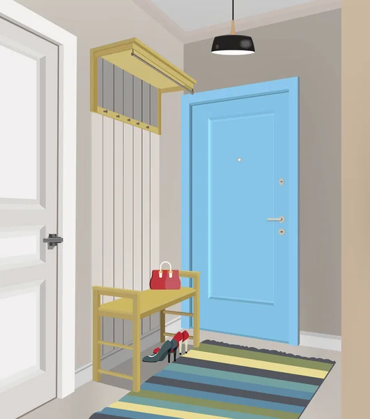 Illustration eines Innenraums einer Umkleidekabine mit Kleidung und einer Eingangstür. — Stockvektor