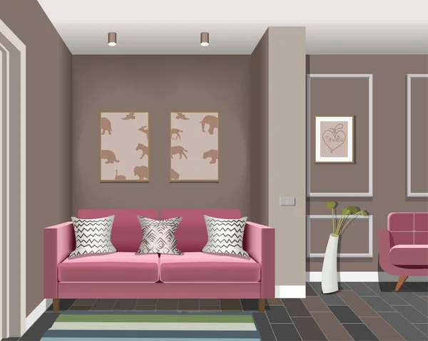 Ilustración de una habitación con puertas, una silla de color burdeos, sofá de color burdeos, jarrón, imagen. Interior de la habitación con muebles . — Vector de stock