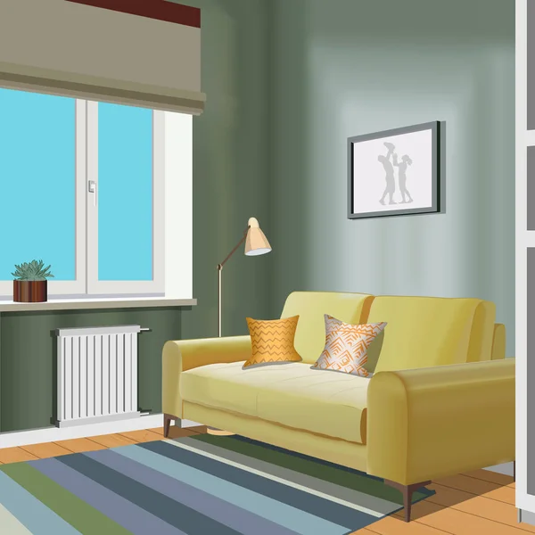 Ilustración de una habitación con ventana, sofá amarillo, jarrón, lámpara, imagen. Interior de la habitación con muebles. Sala de estar ilustración . Ilustraciones De Stock Sin Royalties Gratis