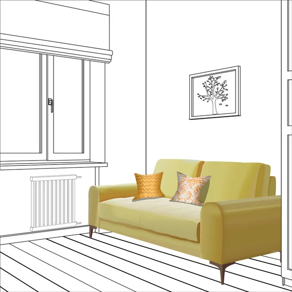 Obrázek žluté pohovce v pokoji silueta. Obývací pokoj ilustrace. — Stockový vektor