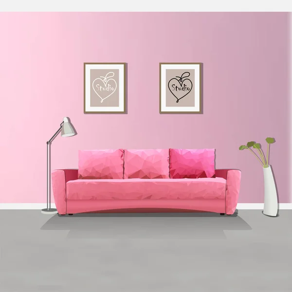 Ilustração de um sofá rosa no interior. Triângulo polígono. Interior do quarto com mobiliário. Sala de estar ilustração . — Vetor de Stock