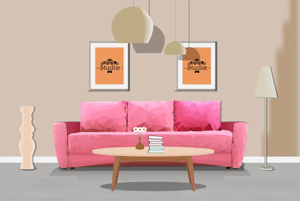 Illusztráció: a belső rózsaszín kanapé. Sokszög háromszög. Belseje a szoba bútorok. Nappali illusztráció. — Stock Vector