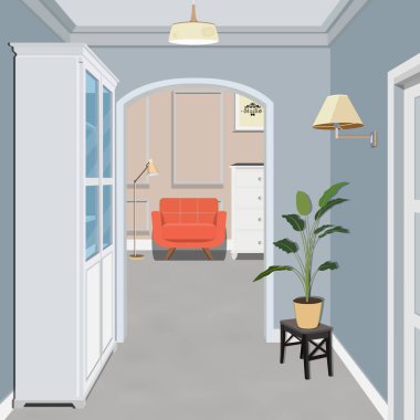 Kapalı kapının uzun koridor ile. Başarı ve tokluk seçim için sonsuz fırsatlar kavramı. 3D render. Koridor illüstrasyon