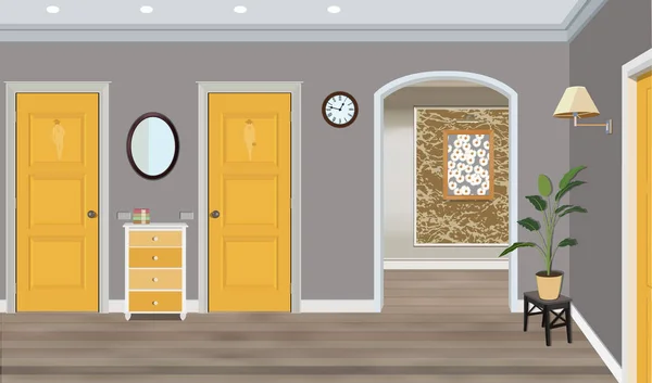 Ilustración de una habitación con puertas amarillas, taburete, flores y cómoda. Interior de la habitación con muebles . — Vector de stock