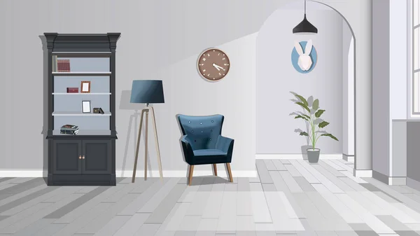 Illustration d'une pièce avec tabouret, lampe et placard. Intérieur de la chambre avec mobilier. Illustration vectorielle. — Image vectorielle