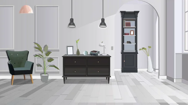 Ilustración de una habitación con taburete, lámpara, cómoda y armario. Interior de la habitación con muebles. Ilustración vectorial. — Vector de stock