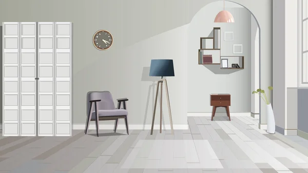 Ilustración de una habitación con taburete, lámpara, cómoda y armario. Interior de la habitación con muebles. Ilustración vectorial. — Vector de stock