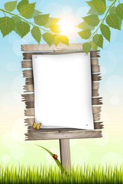 Reklam için boş kağıt ile parlak güneşli yaz gününde taze ot ve ağaç yapraklarından bir çizgi film dikey ahşap billboard ayakta vektör çizim.
