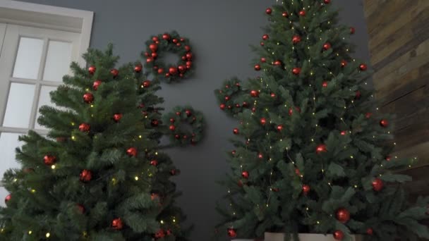 Glödande garland och Jul dekorationer på julgran. — Stockvideo