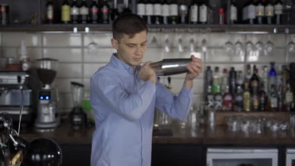 Traumhaft schöne Barkeeperin wirft zwei Shaker — Stockvideo