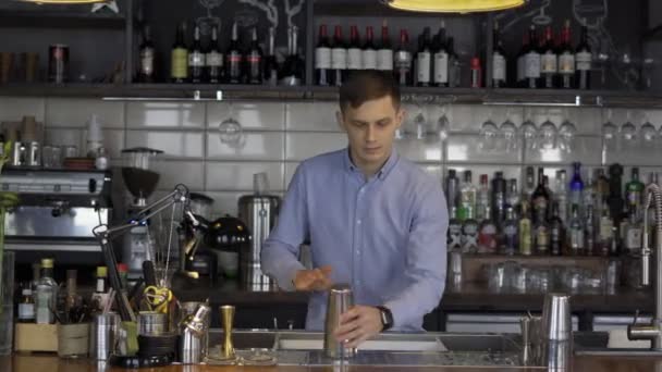 Fantastically Beautiful Bartender Tosses Two Shakers Creating Perfect Coctails Bar — Stock Video