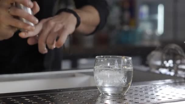 Бармен брызгает на стакан коктейля — стоковое видео