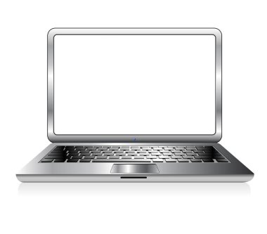 Gümüş Pc dizüstü bilgisayar simgesi vektör çizim - yansıma etkisi ile yer mesajınız için beyaz zemin üzerine izole boş ekran ile Modern ofis dizüstü.