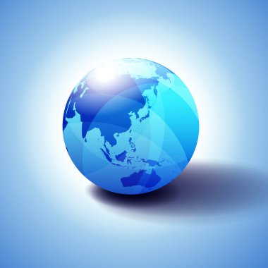 Uzak Doğu Çin, Japonya, Malezya, Tayland ve Endonezya, arka plan küre simgesi ile 3d çizim, parlak, parlak küre küresel harita ince şeffaf bir hissediyorum veren Blues ile.