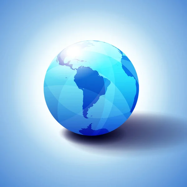 地球アイコンの付いた南アメリカ背景 図では 光沢のある 透明な感じを与える微妙なブルースの世界地図と光沢のある球 — ストックベクタ