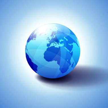 Avrupa ve Afrika'da, arka plan küre simgesi ile 3d çizim, parlak, parlak küre küresel harita ince şeffaf bir hissediyorum veren Blues ile.