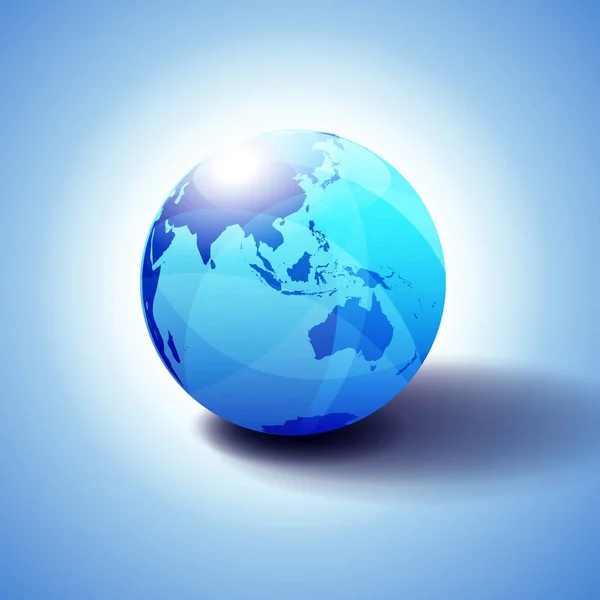 亚洲和澳大利亚 背景与环球图标3D 闪亮的球体与全球地图在微妙的蓝调给一个透明的感觉 — 图库矢量图片