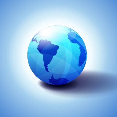 3d çizim, parlak, parlak küre ile ince şeffaf bir hissediyorum veren Blues Global harita Güney Amerika ve Afrika küresel dünya küre simgesi