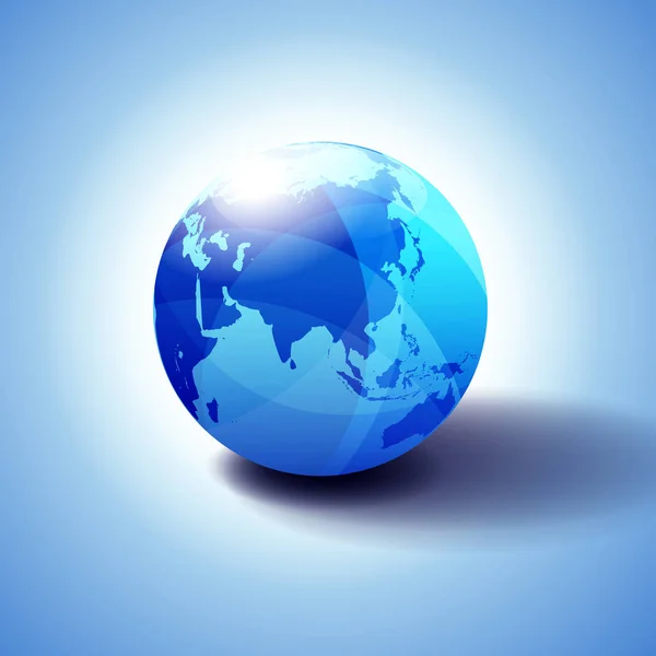 亚洲和日本全球全球全球全球图标3D 闪亮的球与全球地图在微妙的蓝调给一个透明的感觉 — 图库矢量图片