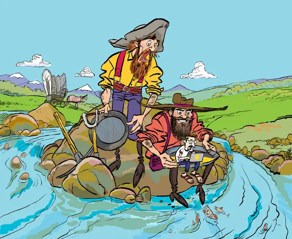 Piratas y tesoros. La isla del tesoro. Piratas y mineros. Hombre con pala y pico trabajando en la mina bitcoin . — Archivo Imágenes Vectoriales