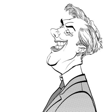 Komik adam. Kötü niyetli politikacı. Çizgi film karakteri. Noktalı resim arka plan.