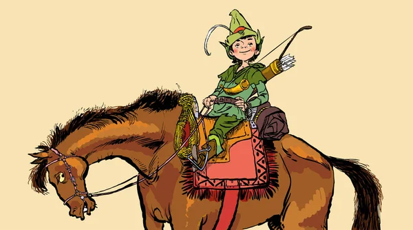 Lilla Robin Hood på en häst. Robin Hood barndom. Barn Robin Hood. Medeltida legender. Hjältar av medeltida legender. — Stock vektor