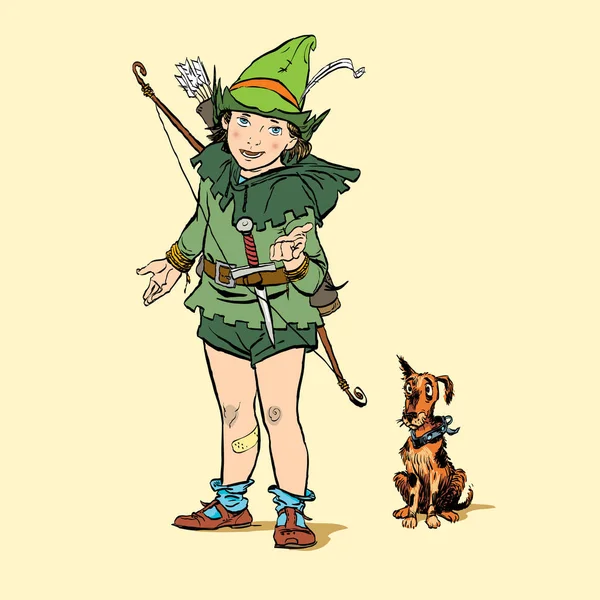 Little Robin Hood και ένα σκυλί. Αγόρι και ο σκύλος. Παιδική ηλικία του Ρομπέν των δασών. Παιδί Ρομπέν των δασών. Μεσαιωνικούς θρύλους. Ήρωες των μεσαιωνικών θρύλων. — Διανυσματικό Αρχείο