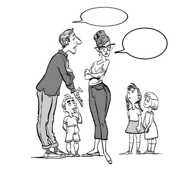 Anne kavga ve çocuk dinle. Aile anlaşmazlık. Anne ve üç çocuk.