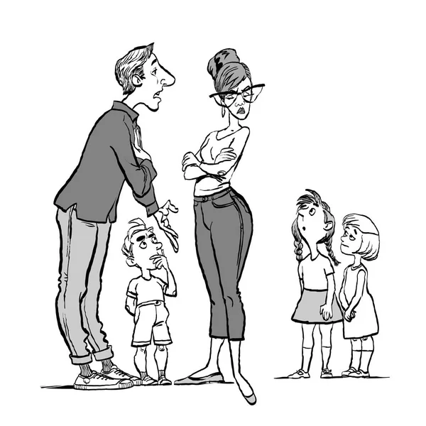 Föräldrar grälar och barn lyssna. Familjekonflikter. Föräldrar och tre barn. — Stock vektor