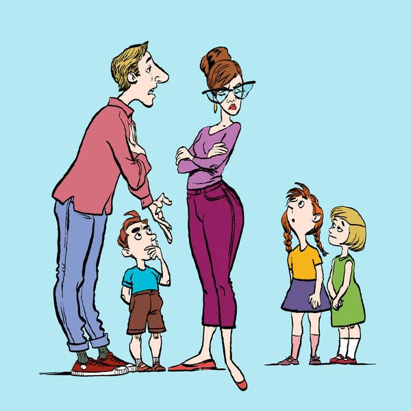 Los padres discuten y el niño escucha. Conflicto familiar. Padres y tres hijos . — Archivo Imágenes Vectoriales