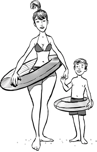 Madre con suo figlio che cammina su una spiaggia. Madre e figlio con cerchio di nuoto — Vettoriale Stock